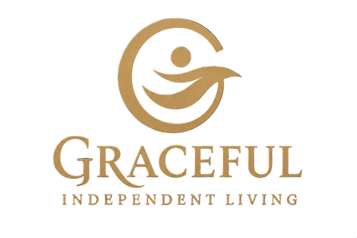 Gold 'Graceful Independent Living' logo on ablack background 